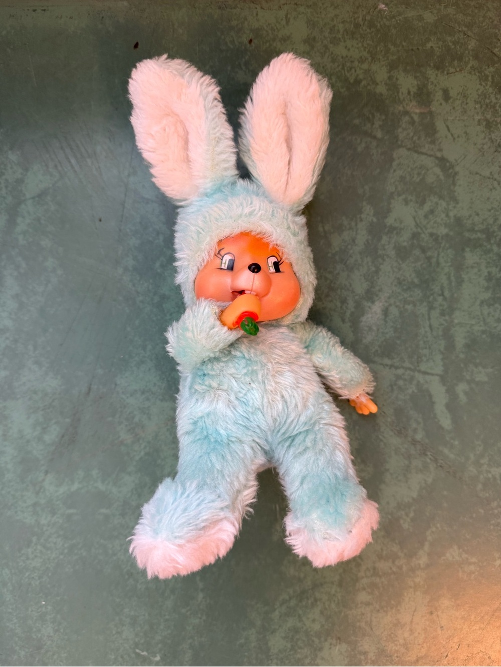 VTG 80s Plush Bunny Baby Doll in Light Blue with White Accents - Easter Pets